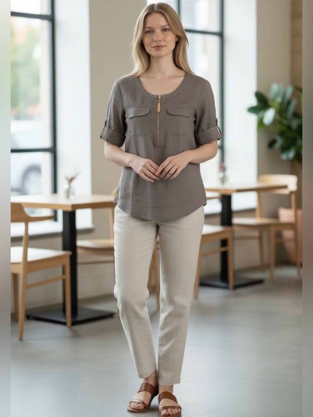 Ellen Tracy 1/4  Zip Roll Tab Linen Tunic Blouse NWT